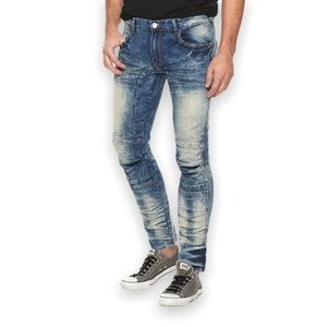 NWOT Men's XRAY Straight-Fit Moto Washed Distressed Blue 5-Pocket Biker Jeans